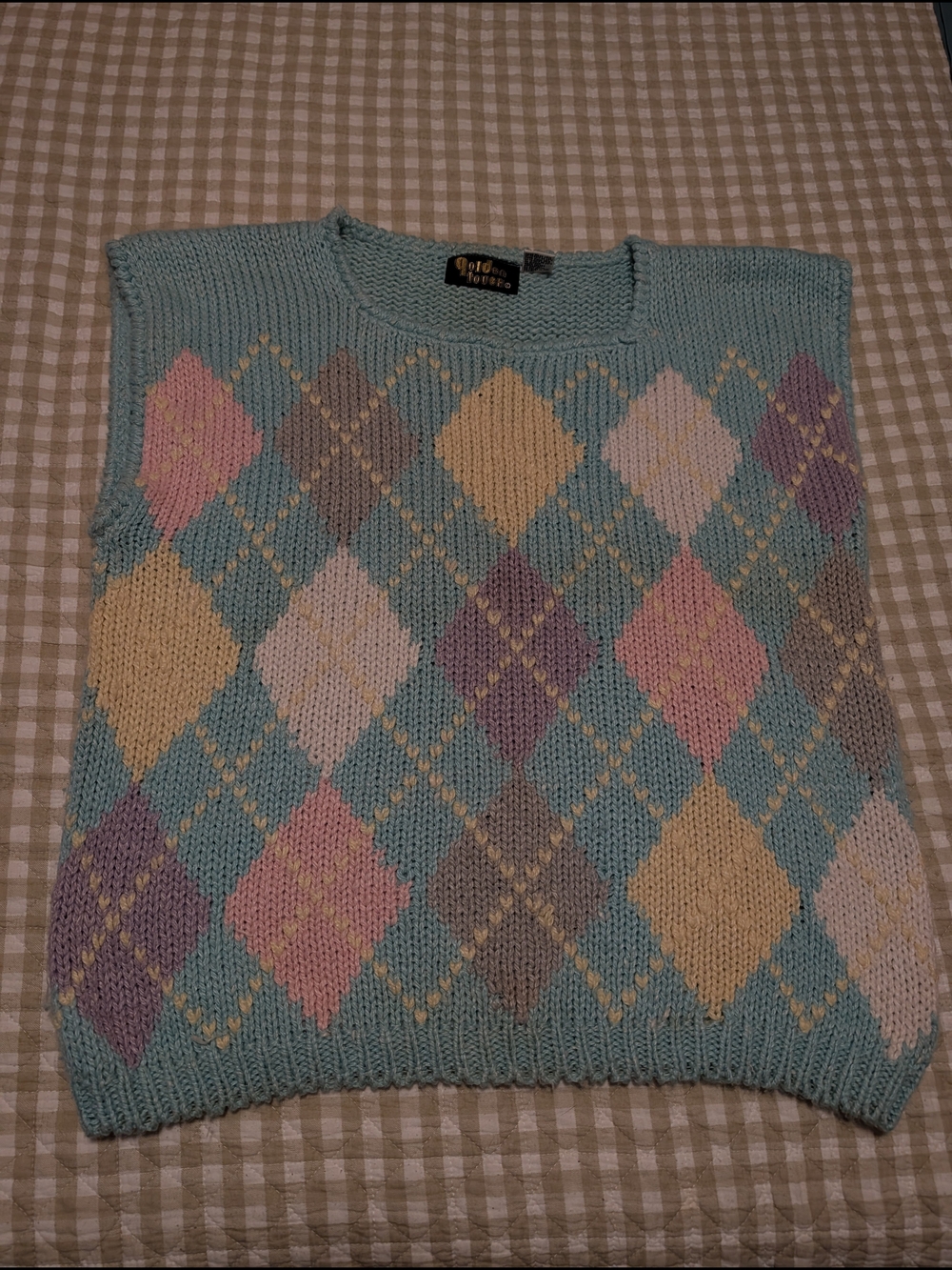 Golden Touch Pastel Argyle Knit Sweater Vest - Light Teal by Golden Threads